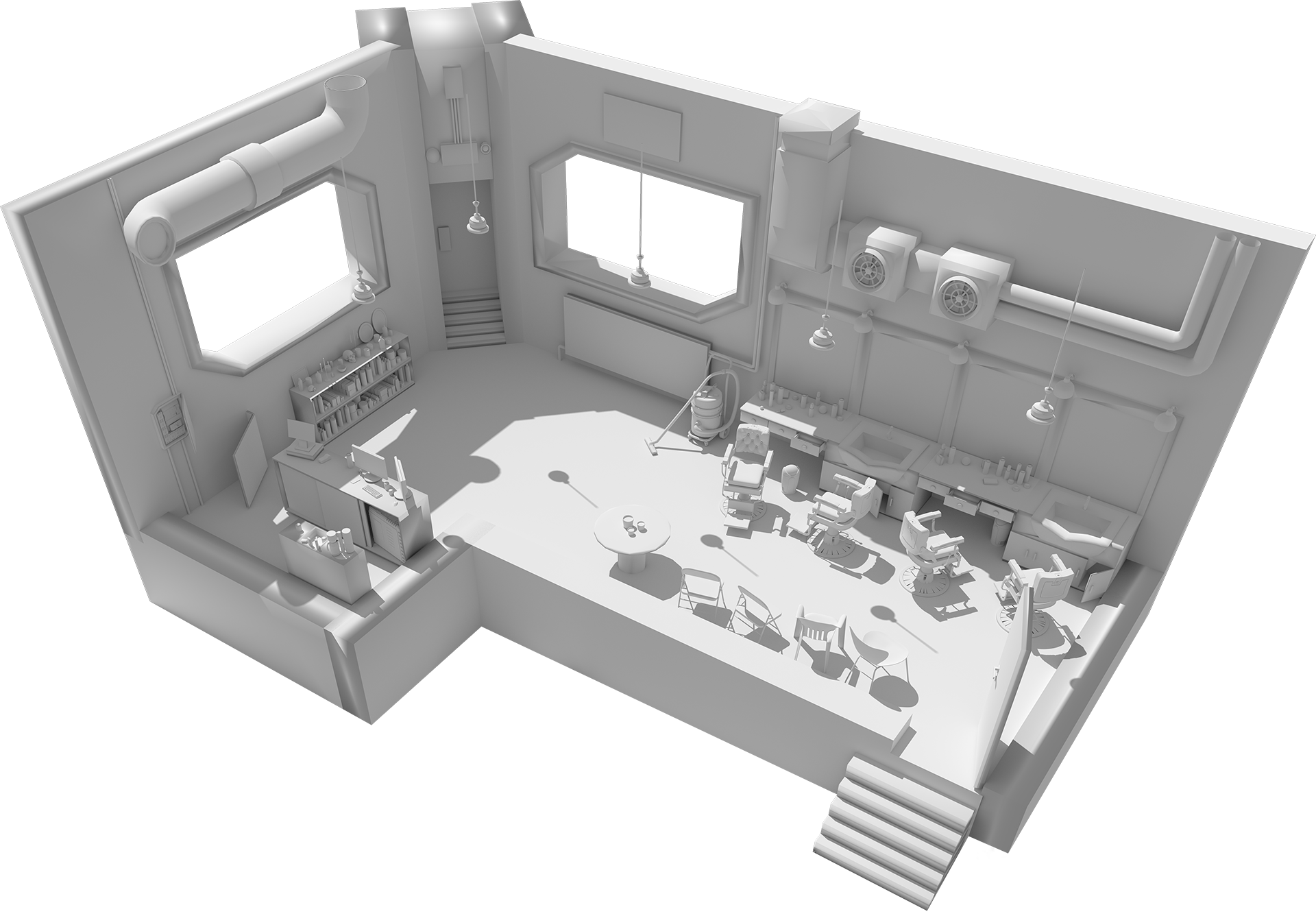 cyberpunk hair salon cutaway 3d