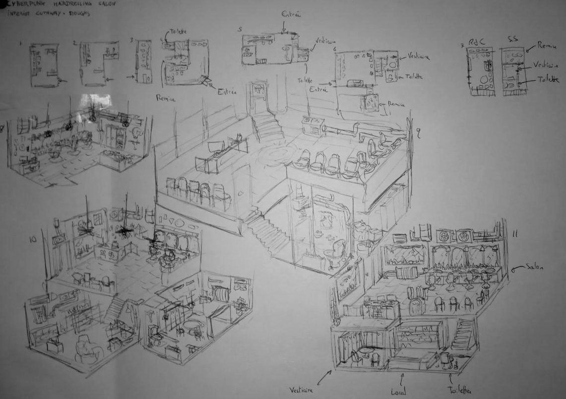 cyberpunk hair salon cutaway roughs