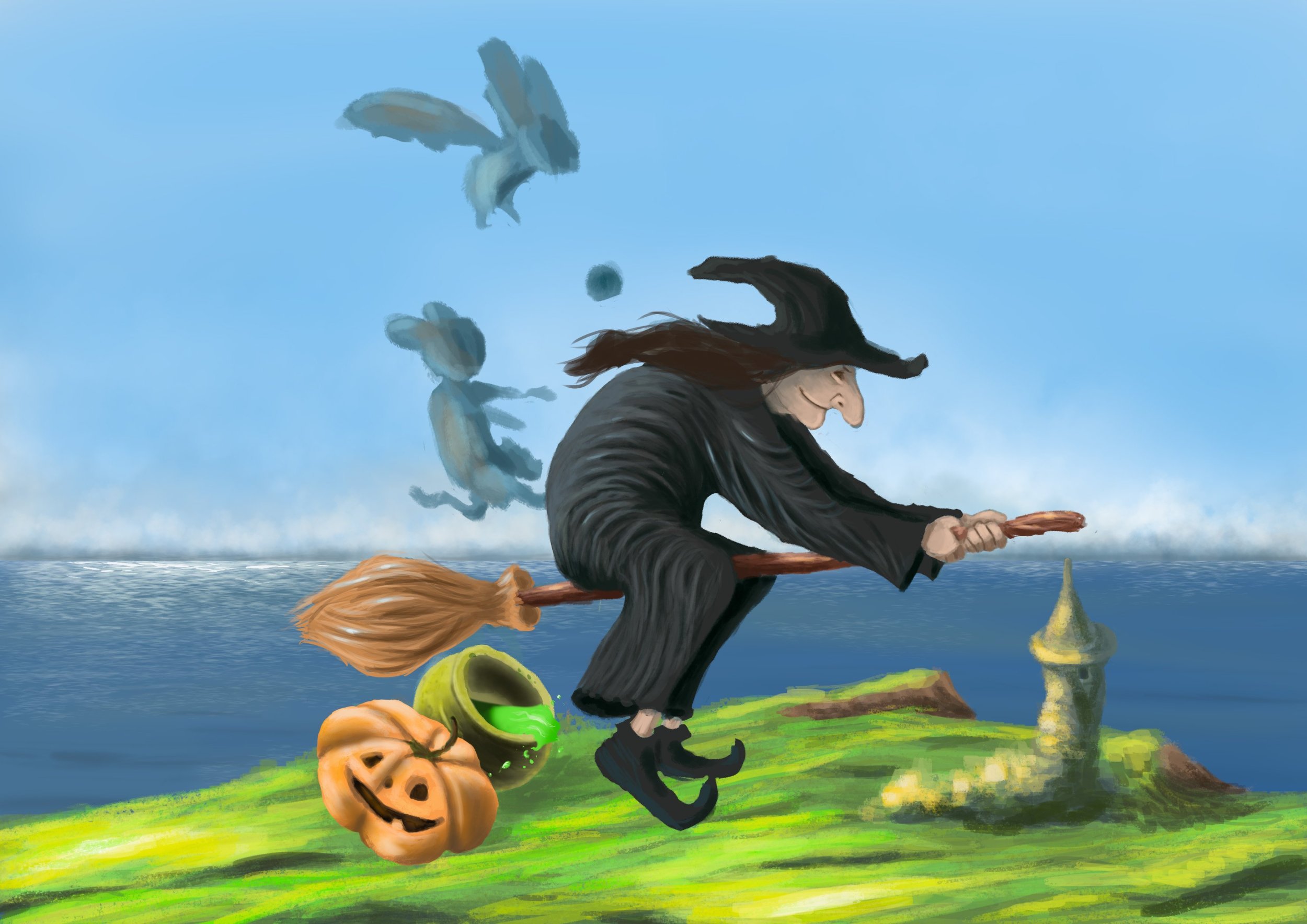 la sorcière en plein vol avec citrouille et chaudron.jpg